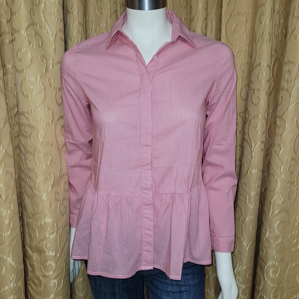 Women's Small "Comme Toi" Pink/White Striped Button-Down Peplum Shirt